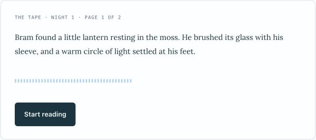 A page of a sample story above a Start reading button.